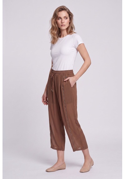 Bsb Kadın İpli Beli Boncuk İşlemeli Şifon Kumaş Rahat Kesim Crop Pantolon Mocha