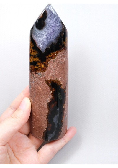 Mor Ametist Akik Kule Noktası, Siyah Çizgili Ve Mor Druzy İle Cilalanmış Obelisk, 223g