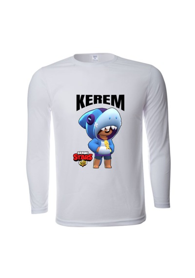 Hepsimex İsme Özel Shark Leon Karakterli Çocuk Tişört Uzun Kollu Unisex Beyaz