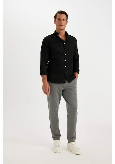 DeFacto Slim Fit Dar Kesim Düğmeli Dokulu Düz Pamuk Karışımlı Uzun Kollu Siyah Gömlek T2066AZ24AUBK81