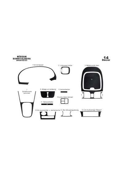 Nissan Sunny Almera Torpido Kaplama 2000-2003 14 Parça Siyah Karbon