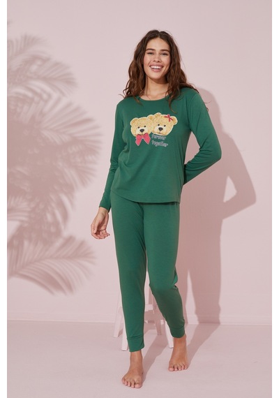 Siyah İnci Pamuklu Örme Pijama Takım 24241068 Yeşil