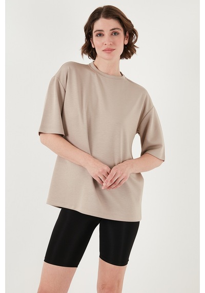 Lela Streç Oversize Fit Bisiklet Yaka Bayan T Shirt 5865911 Taş