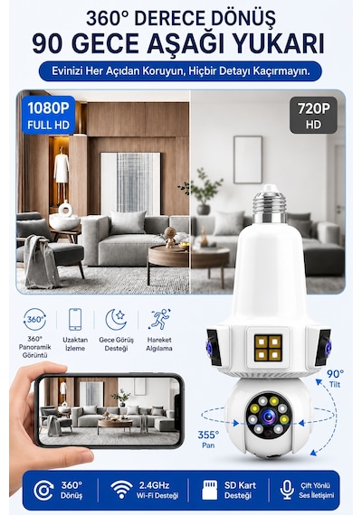 3 Kameralı Duy İle Çalışan 360 Dönebilir Geniş Açı Hareketi Bildiren Ampul Kamera