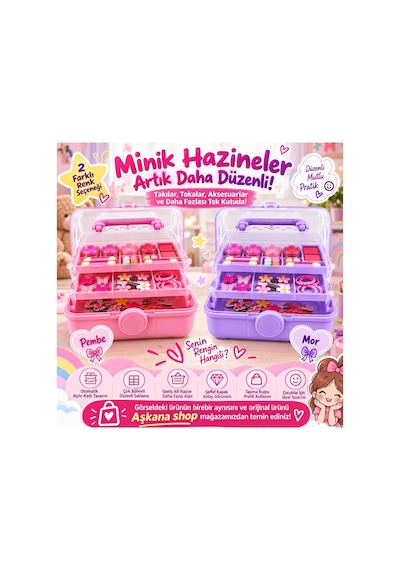 Çocuk Makyaj& Takı& Toka Organizeri Otomatik Açılır Katlı Çok Bölmeli Taşınabilir Kutu Mor
