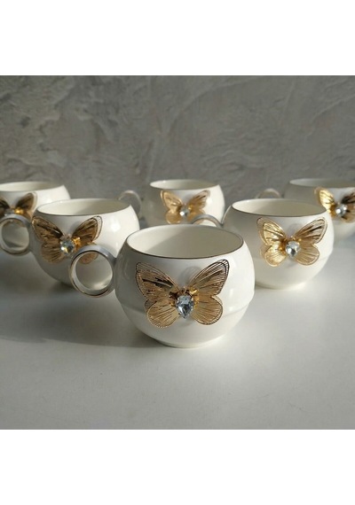 Alfafe Home Kelebek Detaylı 6 Lı Türk Kahvesi Fincan Takımı Gold Porselen Set Şık Çeyiz & Misafir Sunumluk Altın
