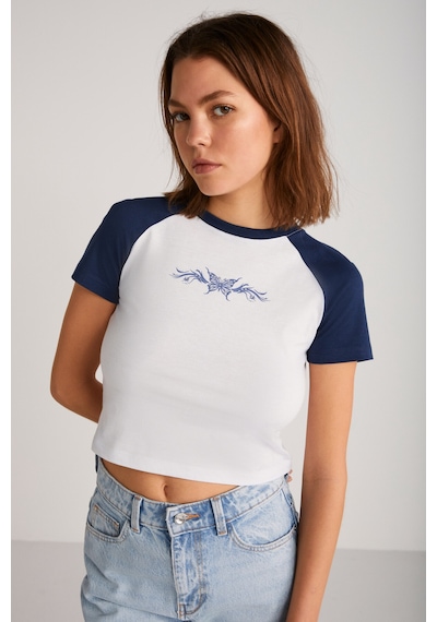 Ethıquet VANE Kadın %100 Pamuk Crop Beyaz/Navy T-Shirt