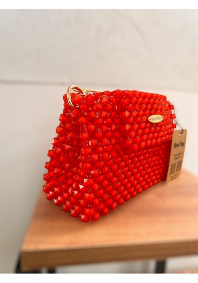 Rose Kırmızı Boncuk Çanta Kadın El Çantası En 19 Cm Boy 13 Cm Kırmızı