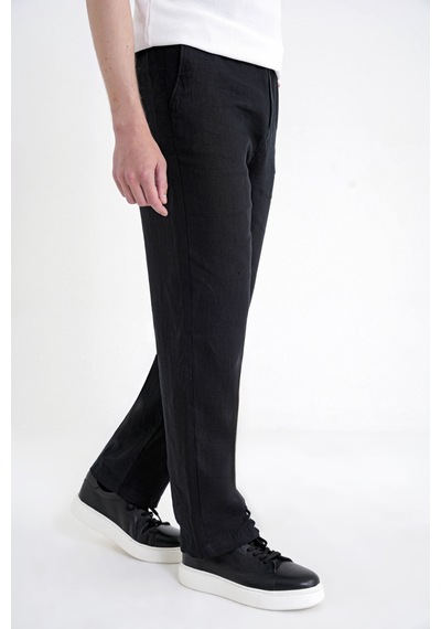 Oversize Kalıp Yan Cep Beli Lastikli Siyah Keten Pantolon P 1216