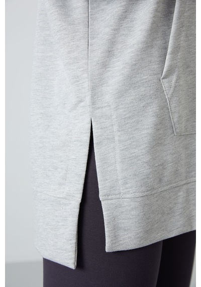 Tommy Life Gri Melanj Balon Kol Yazı Nakışlı Kadın Oversize Tunik Sweatshirt - 97163 Gri Melanj