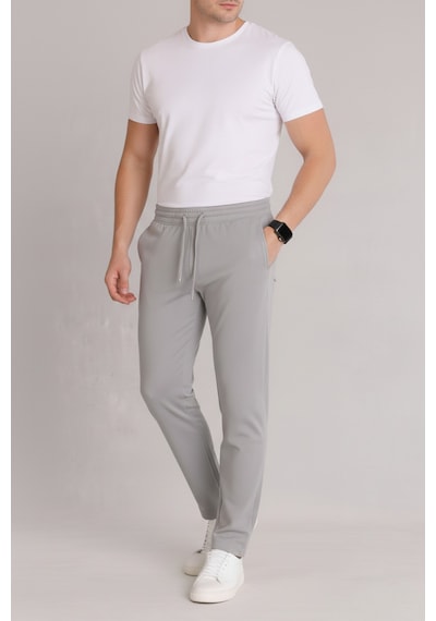 Bürke Erkek Gri Beli Lastikli Bağcıklı Duble Paça Jogger Pantolon