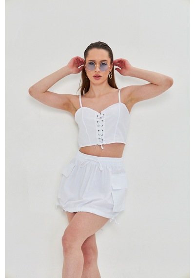 Kutaf Günlük Yazlık Crop Top Ve Şort Etek Takımı - Rahat & Şık Beyaz