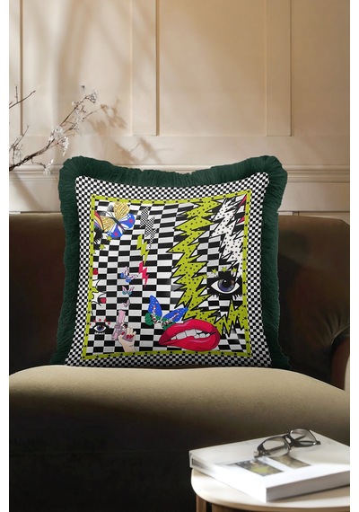 Pop Art Saçaklı Yastık Kılıfı - Çarpıcı Enerjik Geometrik Bohem Siyah Yeşil Püsküllü Kırlent Kılıfı Orman Petrol Mavisi Pop Art Saçaklı Yastık Kılıfı - Çarpıcı Enerjik Geometrik Bohem Siyah Yeşil Püsküllü Kırlent Kılıfı Orman Petrol Mavisi