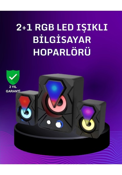 Hubrendy Tekno Usb Bağlantılı Rgb 2.1 Hoparlör Seti Derin Bas Ve Renkli Işık