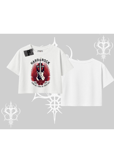 Startmore Startmore Oversize Crop Tshirt Hard Rock Winged Guitar Rebellion Beyaz