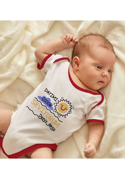 Bk Gift Bk Kids Kişiye Özel Dayımı Çok Seviyorum Tasarımlı Kırmızı Bebek Body Zıbın-1