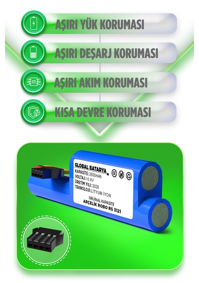 Arçelik Robo Rs 3121 Robot Süpürge Bataryası 10.8v 2600mah Li-ion Pil  Kapasite