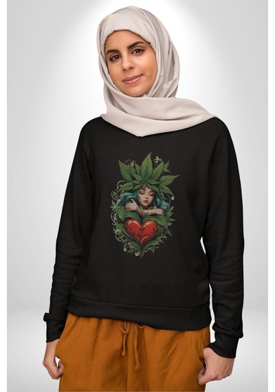 Kalp Parmak Kız Yeşillik Mutluluk Unisex Siyah Baskılı Sweatshirt Siyah