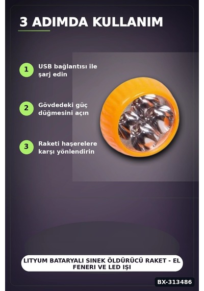Bay Lityum Bataryalı Sinek Öldürücü Raket - El Feneri Ve Led Işıklı, 1 Adet Bx-313486 Najmaddin