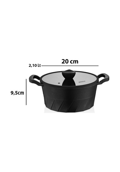 Vento Döküm Titanyum Kaplama Cam Kapaklı Derin Tencere 20x9,5 Cm Siyah