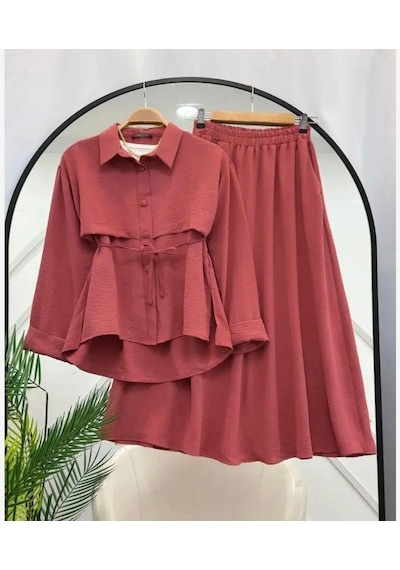 Lovie Moda Kadın Parça Detaylı Etekli Takım Pembe