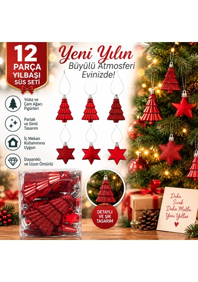 Kırmızı Yılbaşı Süs Seti 12 Parça Yıldız & Çam Ağacı Figürlü Simli Parlak Dekorasyon Süsü 3 CM