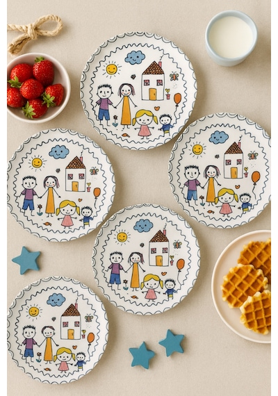 Grandora Çocuk Desenli Pasta Tabağı 20 Cm 6 Lı Set - Renkli Aile Figürlü Tatlı, Pasta Veya Ikram Tabak Çok Renkli