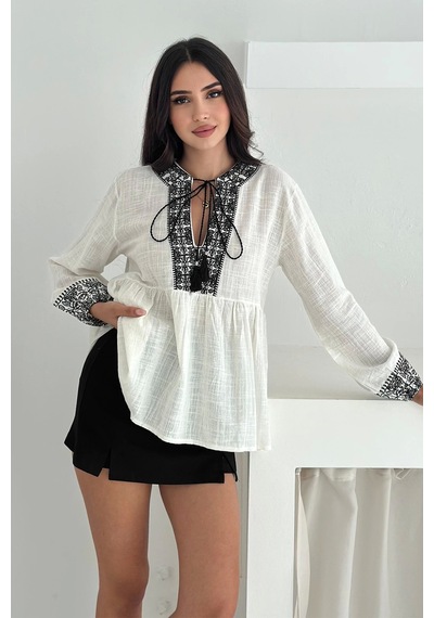 Asprin Fashion Etnik Desenli Bağlamalı Bluz Siyah Siyah