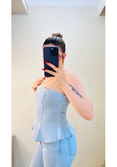 Elora Atelier Taşlı Peplum Straplez Denim İkili Takım Çok Renkli