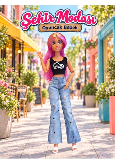 Halley Kot Pantolonlu Crop Tişörtlü Oyuncak Moda Bebeği - Pembe Saçlı - Eklemli Vücut