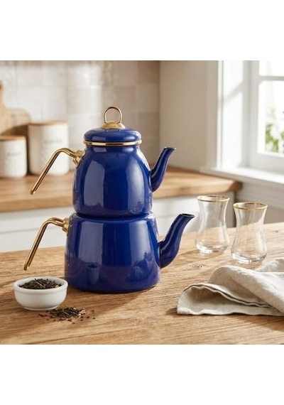İçten Kaplamalı Emaye Çaydanlık Takımı - Gold Detaylı Nostaljik Alt Üst Çay Seti 1.2 Litre + 2 Litre - 3 Renk Seçeneği Mavi