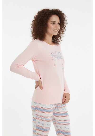 Luxury Thermal Sweet Winter Geyik Desenli Kadın Polar Kışlık Pijama Takımı 42054 Pembe