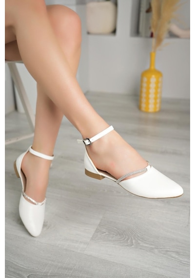 Nesil Shoes Ceylan 204 Beyaz Taşlı Kadın Karnıyarık Babet-beyaz Beyaz