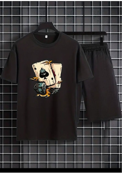 Medinenur Zar Baskılı T-shirt Short Bol Paça Rahat Kalıp Siyah Alt Siyah Üst Short Takım Siyah