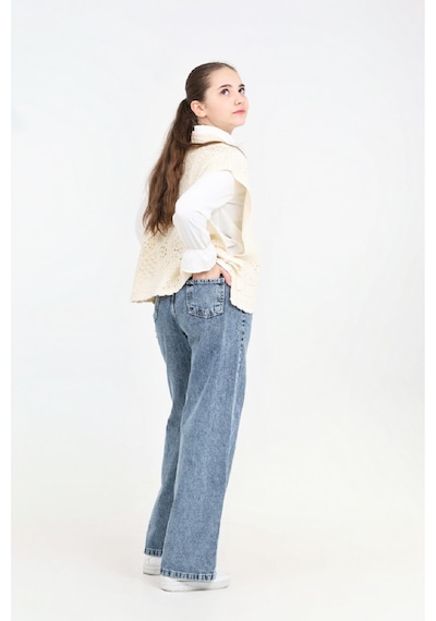 Modanino Kız Çocuk 3'lü Jean Takım Pantolon+gömlek+triko Yelek 5-15 Yaş 12545 Beyaz