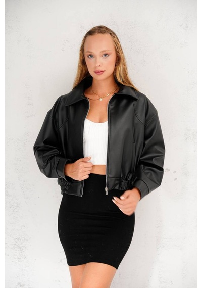 02lady Fashion Oversize Yeni Sezon Bomber Deri Ceket Siyah Siyah