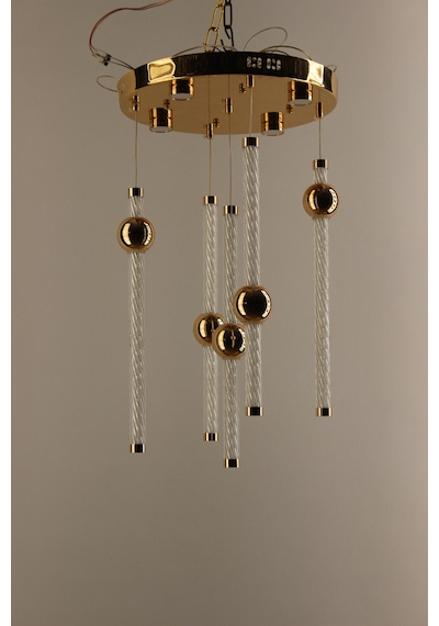 Lüks Gold Çemberli Seri 5li Çizgili Cam Silindir Modern Küre Detaylı Avize Eskitme1