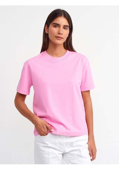 Dilvin Dekoratif Dikişli Bisiklet Yaka Tshirt 101a30312 Pembe