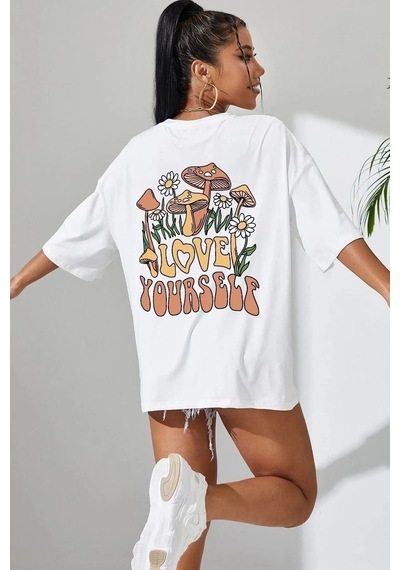Flood Of Style Kadın Beyaz Love Yourself Baskılı Oversize T-shirt