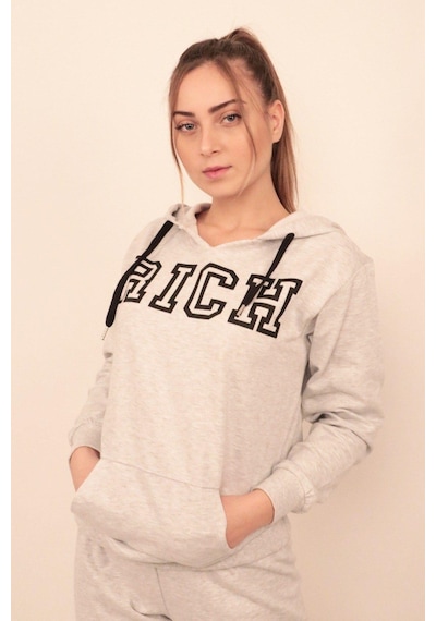 Rich Kadın Baskılı Kapüşonlu Sweatshirt Gri
