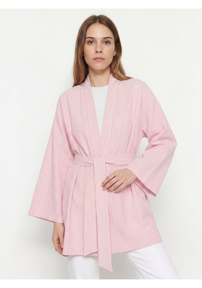 Saade Sââde Kadın Dikey Çizgili Geniş Kollu Şık Yazlık Relaxed Kimono Pembe