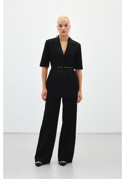 Sateen Bol Paça Keten Pantolon - Siyah-136411 Siyah