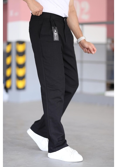 Bürke Çift Pileli Siyah Renk Beli Yarım Lastikli Kaliteli Rahat Kesim Keten Baggy Pantolon