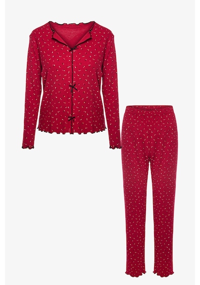 Kadın Pamuklu Çıtır Çiçek Desenli Baby Overloklu Fiyonk Detaylı Uzun Kollu Pijama Takımı Bordo Kadın Pamuklu Çıtır Çiçek Desenli Baby Overloklu Fiyonk Detaylı Uzun Kollu Pijama Takımı Bordo