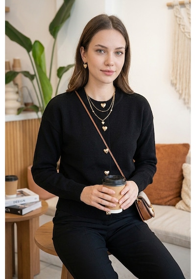 Sayzen Your Shine Trend Basic Kalp Düğmeli Kadın Hırka Siyah