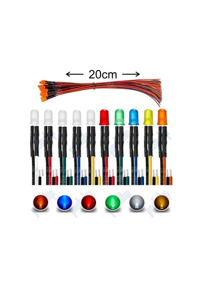 12V 5Mm Diffüz Led 20 Cm Led Renklerine Göre Kablo Rengi 5 Adet-Beyaz