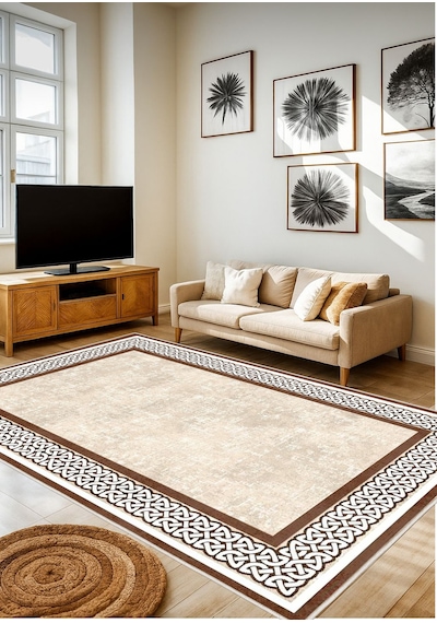 STY Home Krem Kahverengi Dijital Baskı Salon Halısı Kaymaz Tabanlı Yıkanabilir Halı Yolluk 530 Krem