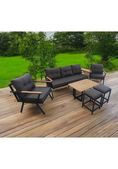 Pilocca Bahçe Ve Balkon Mobilyası Antrasit 3+1+1 Sehpa Ve 2 Puflu Antrasit