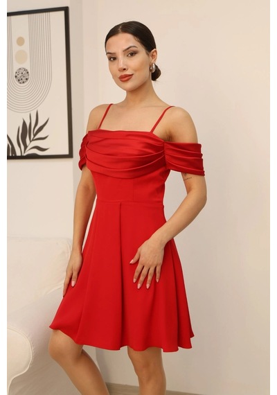 Lodmela Drape Detaylı Askılı Midi Elbise 2380-kırmızı Kırmızı