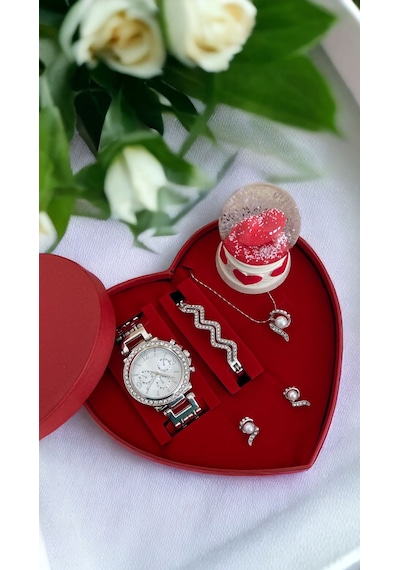 Gümüş Taşlı Saat Bileklik Kolye Ve Küpe Hediye Saat Set Kutu Kalp Gümüş